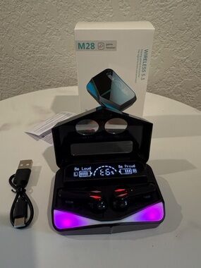 M28 Wireless RGB Gaming Earbuds - Black with Purple LED NWT